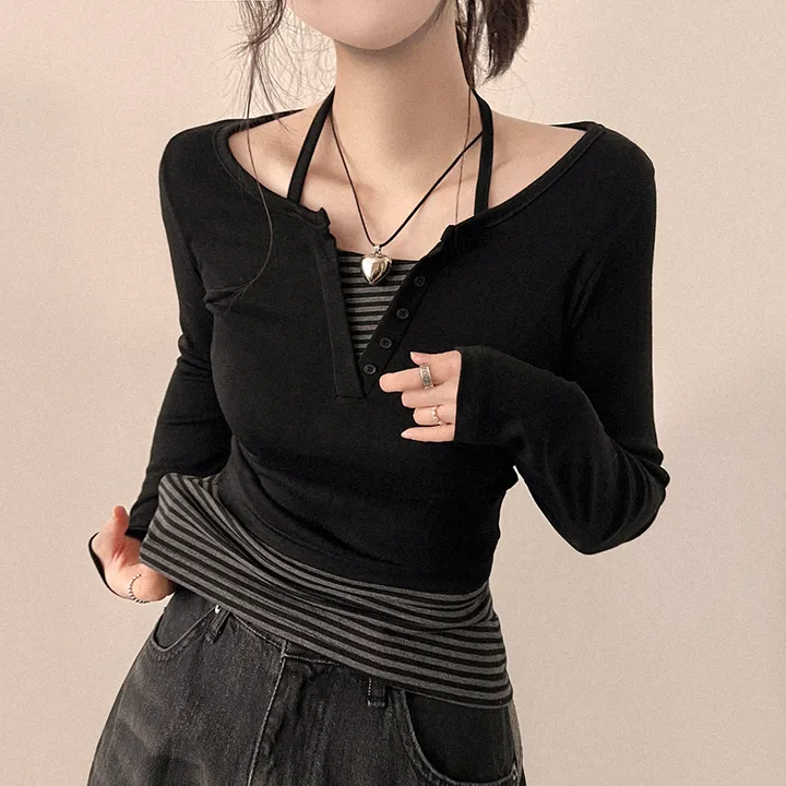 [코디완성!/일체형] 러블리힙 단가라 배색 홀터 긴팔티셔츠 (2color) 상세 이미지 3