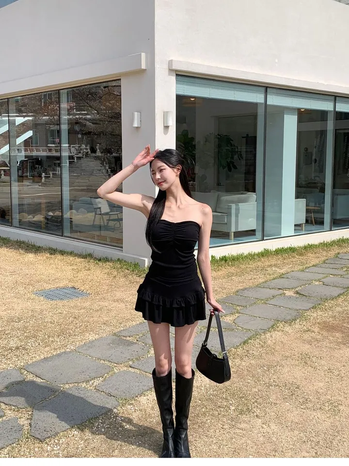[섹시유니크🖤] 글램 투피스 / 캡내장 캡나시 뷔스티에 셔링 크롭탑 셔링탑 튜브탑 탱크탑 브라탑 볼륨업 데님탑 캉캉치마 치마바지 여름원피스 여행 bj 레이어드스커트 숏팬츠 스판 상세 이미지 39