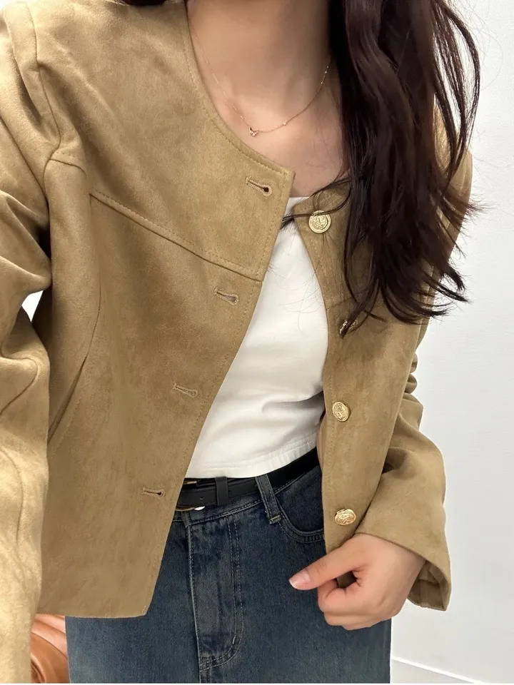 [주문폭주🐱‍🏍3color/가을신상🍂] 노이드 노카라 금장로고 스웨이드 자켓 올드머니룩 페미닌룩 어깨패드 상세 이미지 22