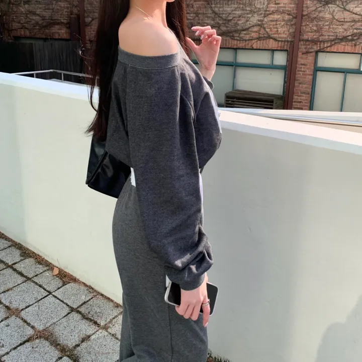*최저가* [꾸안꾸🕶/핏보장] 넘버 크롭 오프숄더 맨투맨+와이드팬츠set 레터링맨투맨 배색 일자팬츠 트레이닝세트 셋업 상세 이미지 25