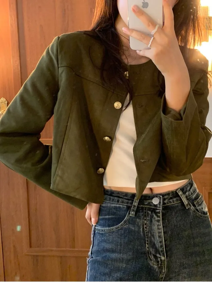 [주문폭주🐱‍🏍3color/가을신상🍂] 노이드 노카라 금장로고 스웨이드 자켓 올드머니룩 페미닌룩 어깨패드 상세 이미지 26