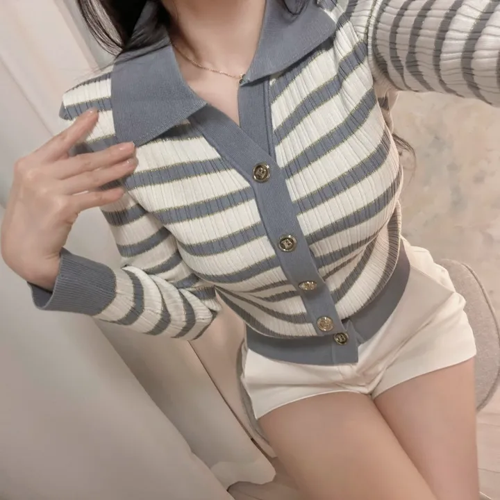 헤르배색 금장 스트라이프가디건 카라가디건 수입가디건 상세 이미지 12