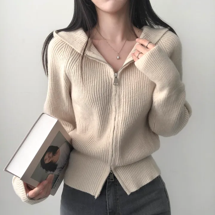 🚚당일출고🚚[부드러움] 허리잘록 여리핏 투웨이 후드 골지니트 집업 상세 이미지 14