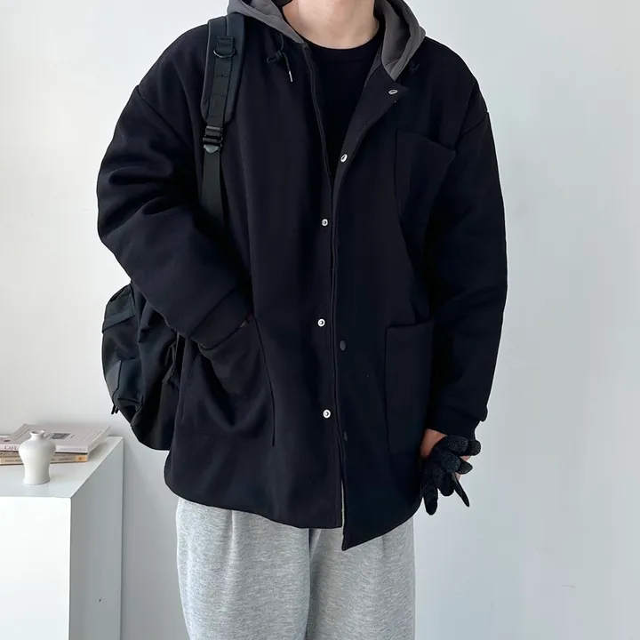 가을 겨울 오버핏 하프 코트 미니멀 빅사이즈 아우터 보온안감후드블랙코트 상세 이미지 8