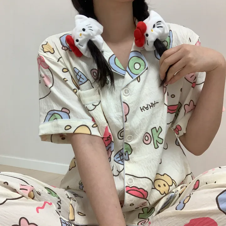 [3피스/빅사이즈도있어용!] 귀여운 리본 고양이 키티 캐릭터 집순이 생일선물 반팔 반바지 긴바지 쓰리피스 잠옷 세트 상세 이미지 9