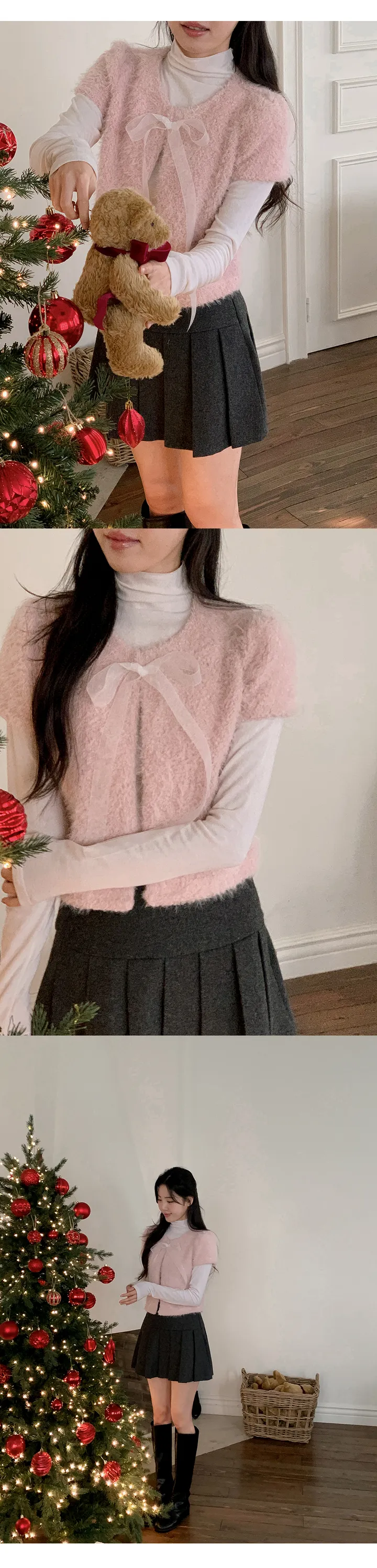 [하객룩][리본탈부착가능][리본 셋트][MADE][자체제작][국내 생산]스노우 시어 쉬폰 리본 퍼 반팔 가디건 (3color) 상세 이미지 28