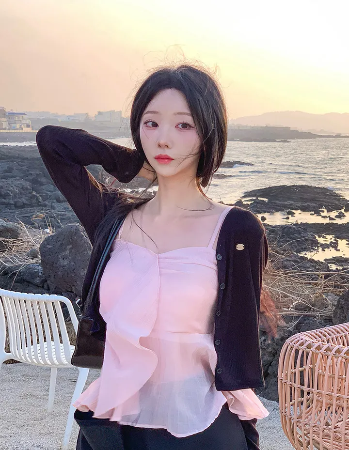 [살랑살랑❤️] 팬던트 시스루 크롭 가디건 - 5color (살안타템/데일리/골지/파스텔/브이넥/긴팔/아이스/후들후들핏) 상세 이미지 13