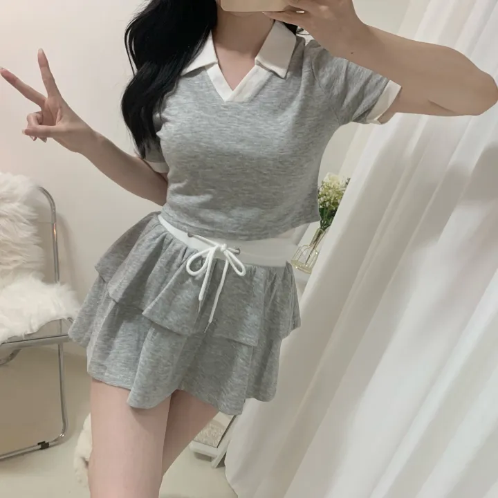 [세트가격/러블리💛] 플레인 배색 카라 크롭 반팔 + 밴딩 캉캉 치마바지 미니스커트 투피스 세트 4color 상세 이미지 10