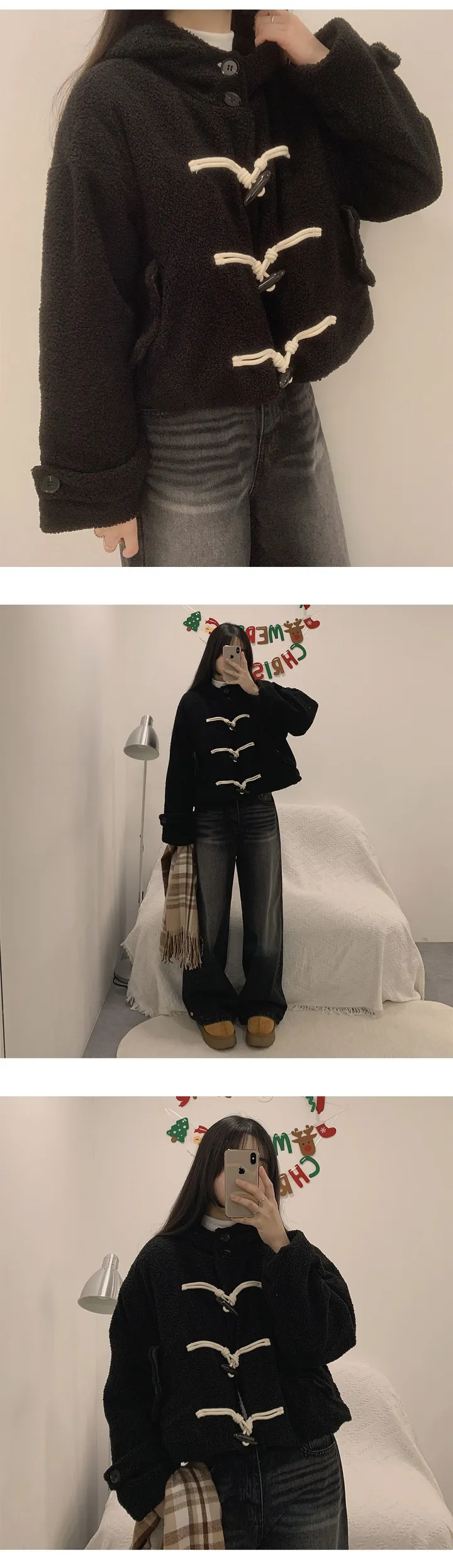 🎀가성비템이라 불러주세요! [양털/누빔안감/후드] DJ 하이넥 투버튼 더플 버튼  소매 포켓 포인트 세미크롭 후드 점퍼 자켓 3Color 상세 이미지 9