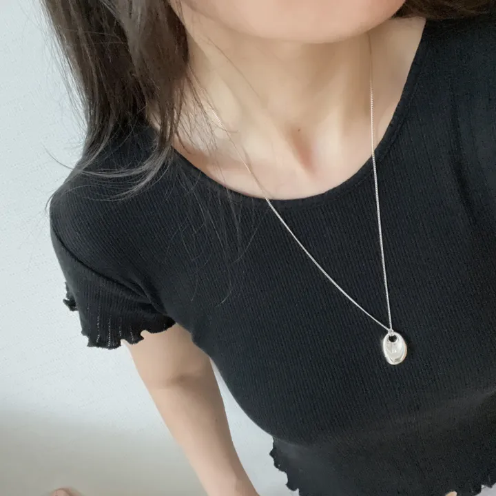 심플 버튼 타원 목걸이(메탈 체인줄, 인견 블랙줄) 상세 이미지 3