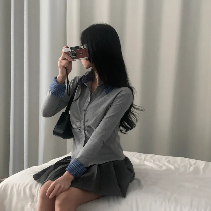[일체형!/말라핏] 레이디 체크 셔링 레이어드 롱슬리브 버튼 긴팔티셔츠 - 4color 상세 이미지 16