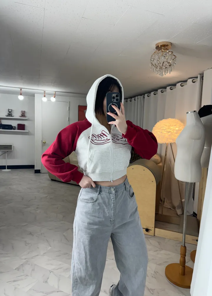 [데일리/투웨이]레터링 나그랑 투웨이 크롭 후드집업 상세 이미지 7