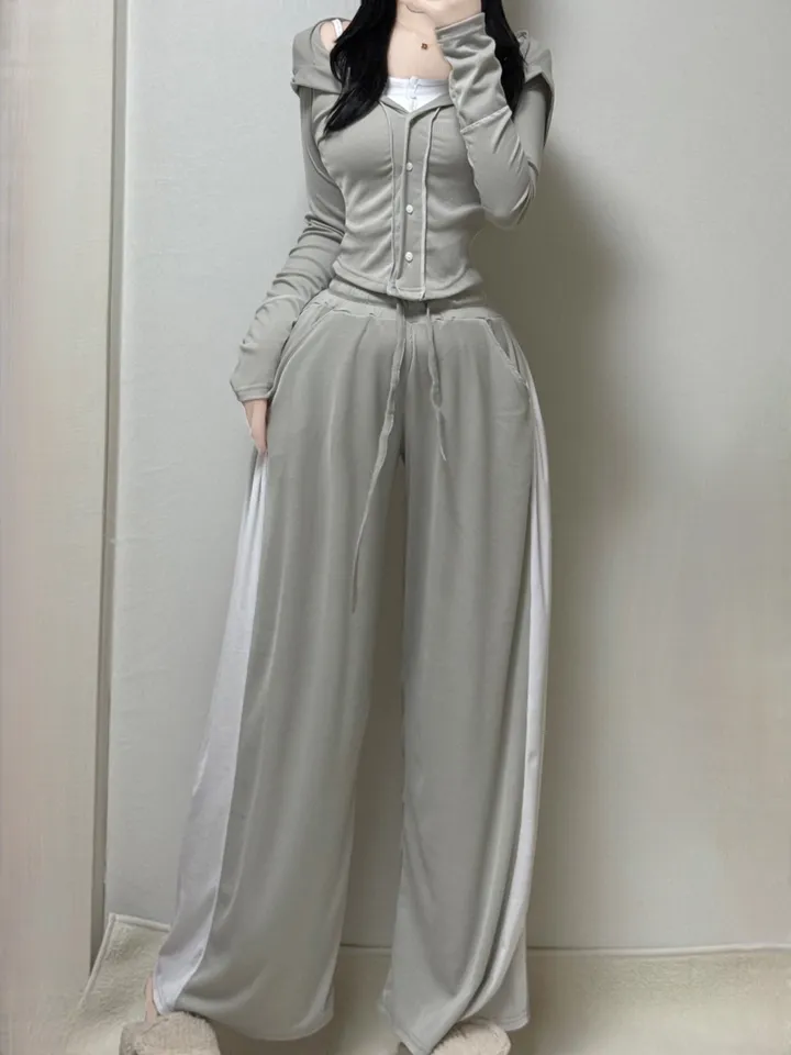 [*개별구매가능/핏보장*] 꾸안꾸 쫀쫀 딱붙 스티치 레이어드 이중후드 가디건 +하이웨스트 와이드 배색 팬츠 데일리 꾸안꾸 y2k 배색세트 트레이닝 후드세트 마실룩 몸매보정 여리핏 상세 이미지 8