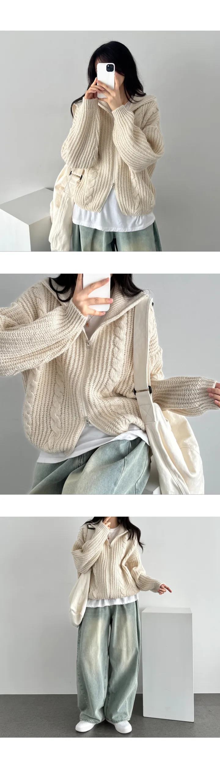최저가보장👌국내!/MADE/퀄리티대박-!] 하이넥/카라넥 아방핏 벌룬 투웨이 꽈배기 니트 집업 - 5color 상세 이미지 14
