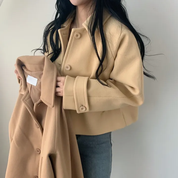 봄가을 크롭재킷 오버핏 아이보리 블랙 싱글버튼 숏코트 상세 이미지 8