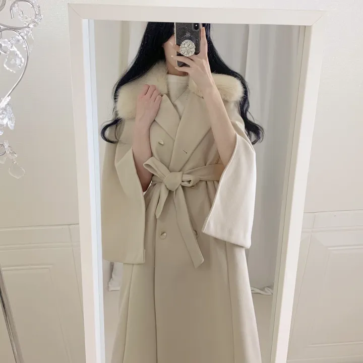 [롱케이프코트💗/고퀄보장✨] 롱VER. 알콩 울 캐시미어 폭스퍼 페이크퍼 밍크퍼 누빔안감 케이프 벨트 버튼 고급 우아 롱 판쵸 코트 망토 자켓 (4color) 연말룩 크리스마스 상세 이미지 22