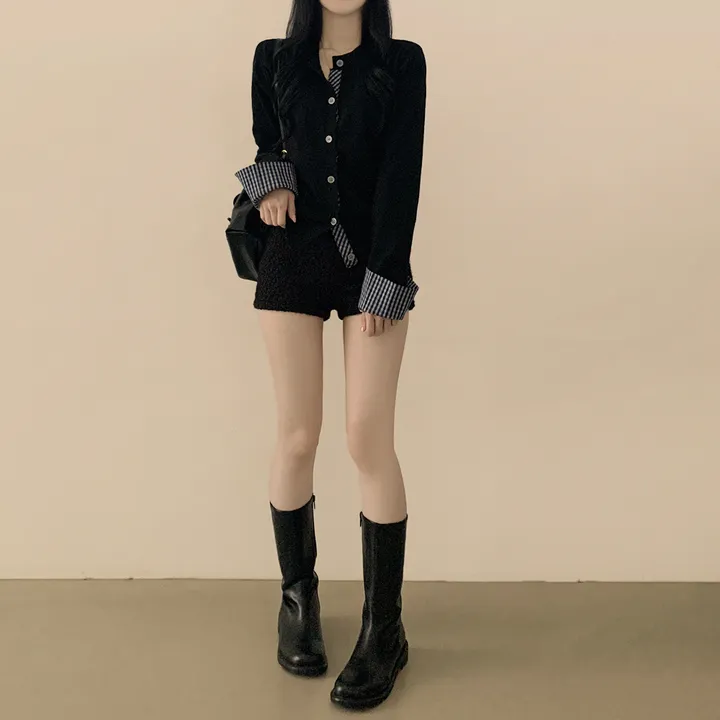[긱시크룩] 빈티지 롤업 체크셔츠 페이크 레이어드 비스코스 배색 니트가디건 상세 이미지 7