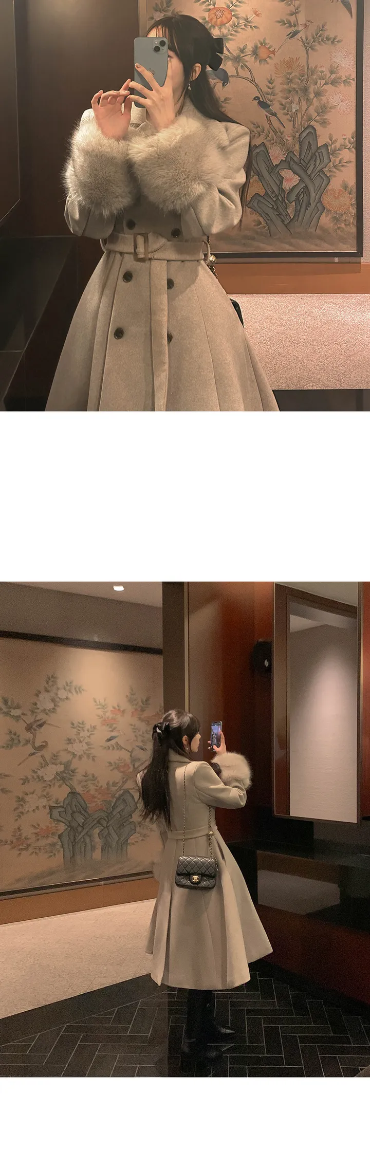 [High-quality✨러블리코트/A라인/원피스겸용/퀄리티좋아요/핏이뻐요] 리츠 소매퍼 울 A라인 롱코트 CT (2온스) 상세 이미지 3