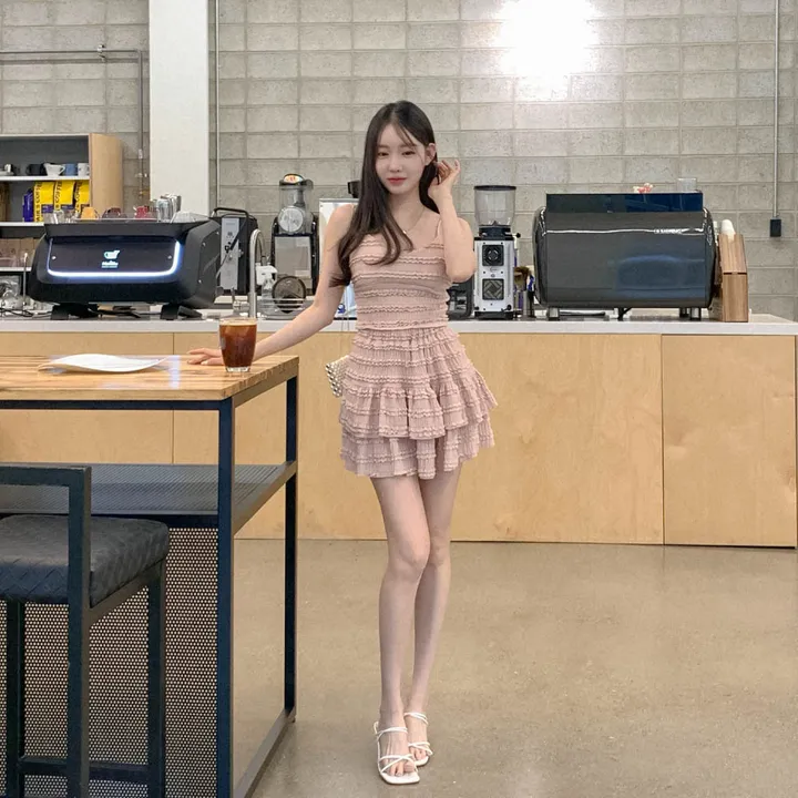 [나시스커트SET/고퀄ෆ러블리] 베링 레이스 프릴 뷔스티에 브이넥 캡 나시 + A라인 밴딩 캉캉 미니 스커트 투피스 세트 데이트룩 여행룩 바캉스룩 꾸안꾸 플리츠 발레코어 상세 이미지 31