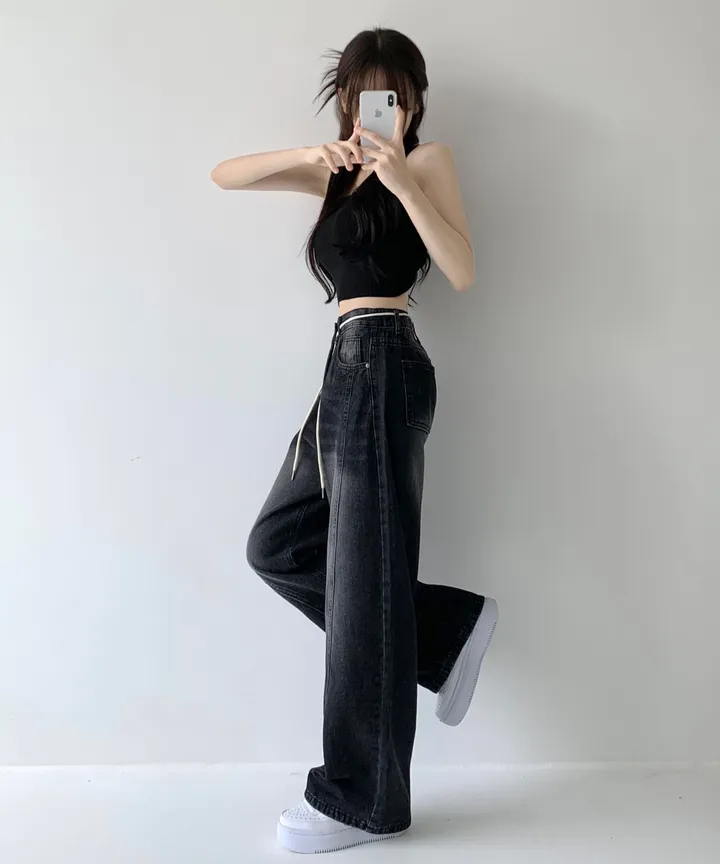[색감깡패🖤/끈탈부착O] 미드나잇 뒷밴딩 스트링 스트랩 하이웨스트 절개라인 빈티지 워싱 롱 와이드 데님 팬츠 밴딩바지 청바지 사계절청바지 상세 이미지 30
