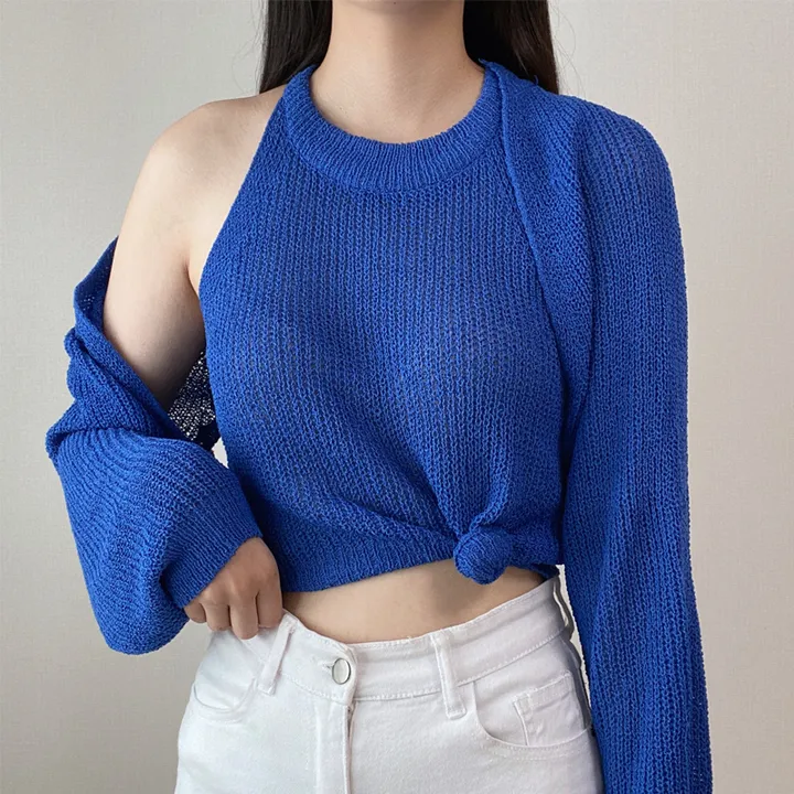 최저가! [자외선차단/필수템] 페스티벌 워터밤 흠뻑쇼 썸머 휴가룩 여리 블루 파랑 볼레로 크롭 니트 가디건 상세 이미지 1