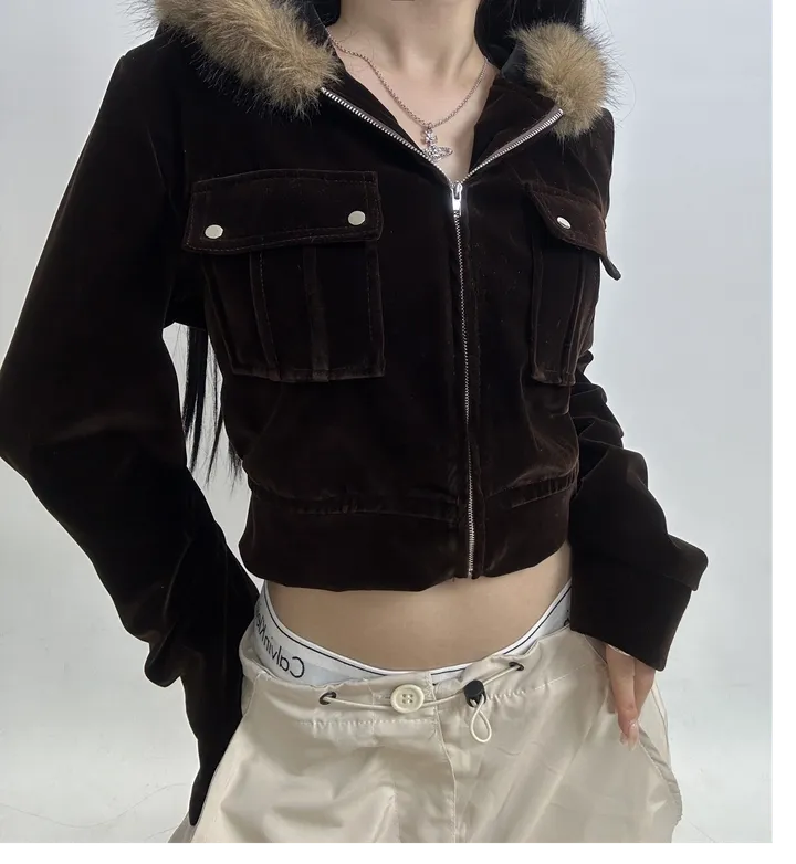 velvet fur hood  jacket- 벨벳 퍼 후드 자켓 2color (힙, 스트릿, 유니크, 크롭, y2k, 빈티지, 퍼, 집업, 후드집업) 상세 이미지 5