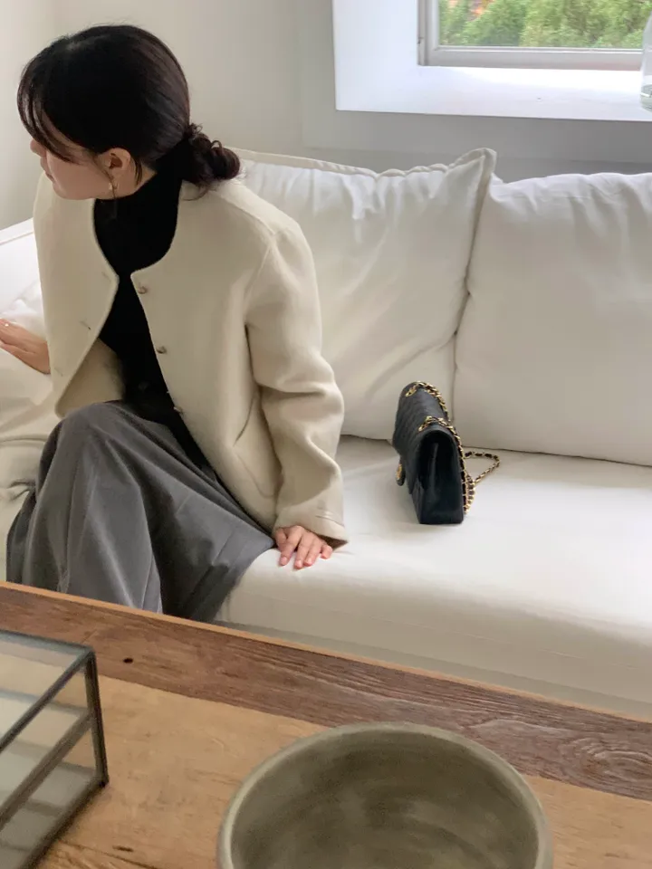 피넛 노카라 골드버튼 여성 겨울 포켓 세미 루즈핏 여자 핸드메이드 코트 상세 이미지 8