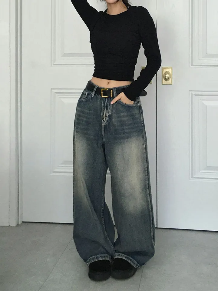 [숏,기본,롱/~XL/핏보장💙*밑단스냅단추 투웨이* 워싱 와이드데님] 헤이브밑단스냅와이드데님 상세 이미지 16