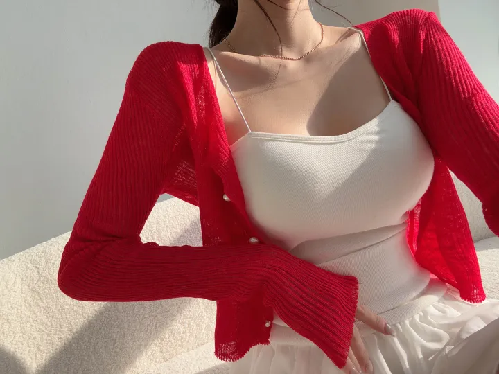 (8color) 【여리여리-!】 수채화 슬림핏 시스루 롱슬리브 진주 버튼 부클 가디건 상세 이미지 24