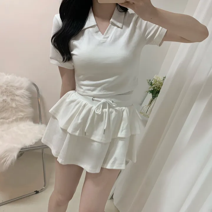 [세트가격/러블리💛] 플레인 배색 카라 크롭 반팔 + 밴딩 캉캉 치마바지 미니스커트 투피스 세트 4color 상세 이미지 41