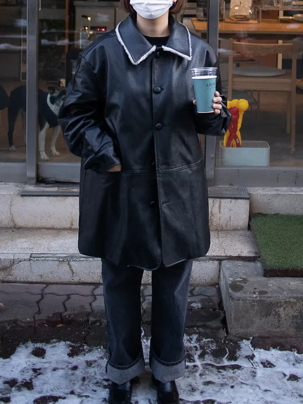오버핏 가죽 퍼 점퍼 ( 블랙 브라운 ) 하프 코트 자켓 상세 이미지 12