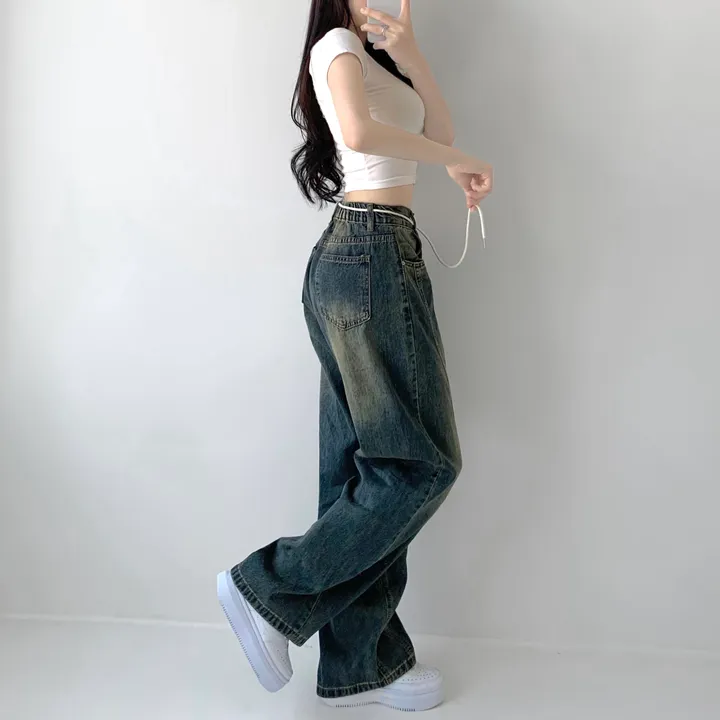 [색감깡패🖤/끈탈부착O] 미드나잇 뒷밴딩 스트링 스트랩 하이웨스트 절개라인 빈티지 워싱 롱 와이드 데님 팬츠 밴딩바지 청바지 사계절청바지 상세 이미지 25