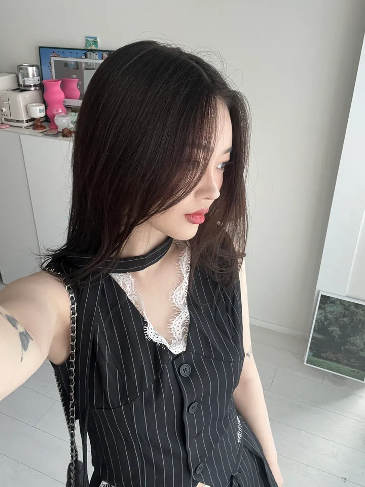 [쓰리피스] 스트라이프 셋업 조끼 베스트 미니스커트 스카프 세트 / 스트라이프 레이스 긱시크 정장 쓰리피스 상세 이미지 17