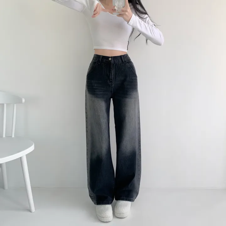 당일출고🚀[특가❤/핏보장] 선데이 원버튼 뒷밴딩 사이드 빈티지 워싱 하이웨스트 와이드 바지 데님팬츠 청바지 사계절청바지 상세 이미지 13