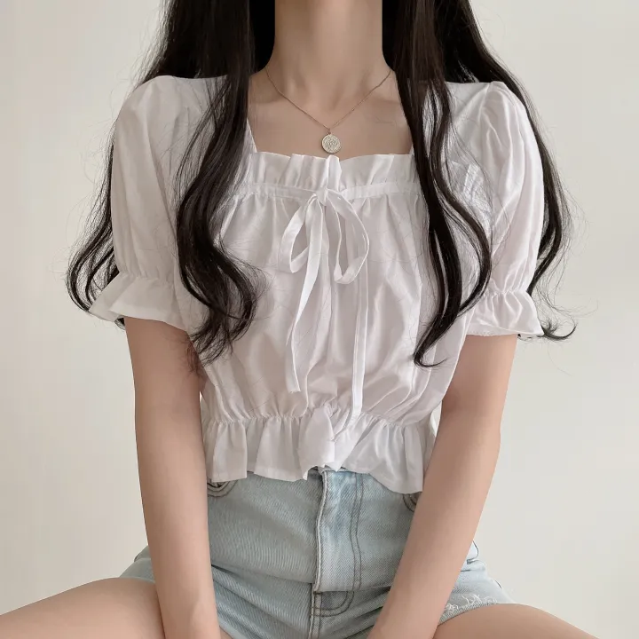 (4color) 여름기분 리본 퍼프스타일 반팔 블라우스 상세 이미지 4