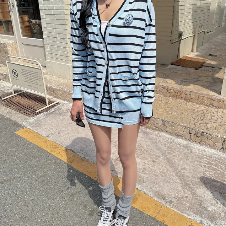 제작진행 [md소장/가디건+치마바지set/브로치포함] 루즈핏 단가라 코사지 플라워 금장 니트 가건 + 하이 밴딩 스트라이프 치마바지 set 상세 이미지 8