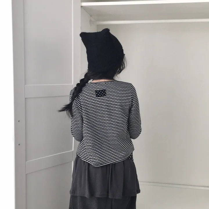 [반전 도트안감🖤/뒷태패치 포인트!!] 빈티지 감성 낭낭🪽 도트안감 패치 단가라 스트라이프 긴팔 가디건 엔젤코어 상세 이미지 6