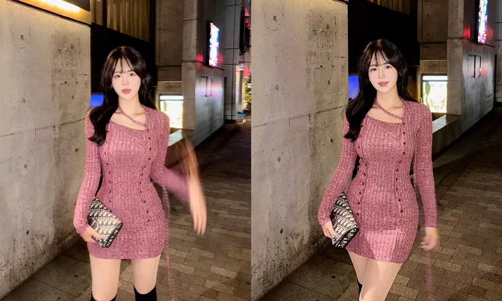 [허얇골넓♥/독보적분위기] 플럼 퍼플 스퀘어넥 초커 니트 미니원피스 상세 이미지 1