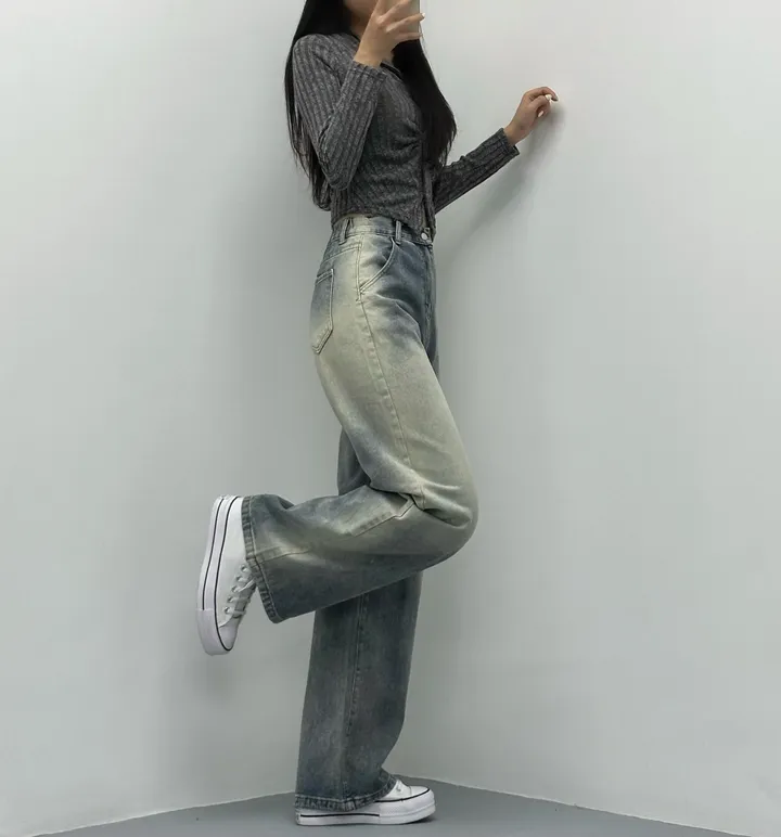 전체당일🚀[리뷰보장/인생바지/뒷밴딩!] 원버튼 사이드 워싱 데님 와이드팬츠 하이웨스트 데님팬츠 청바지 (3Col) 상세 이미지 18