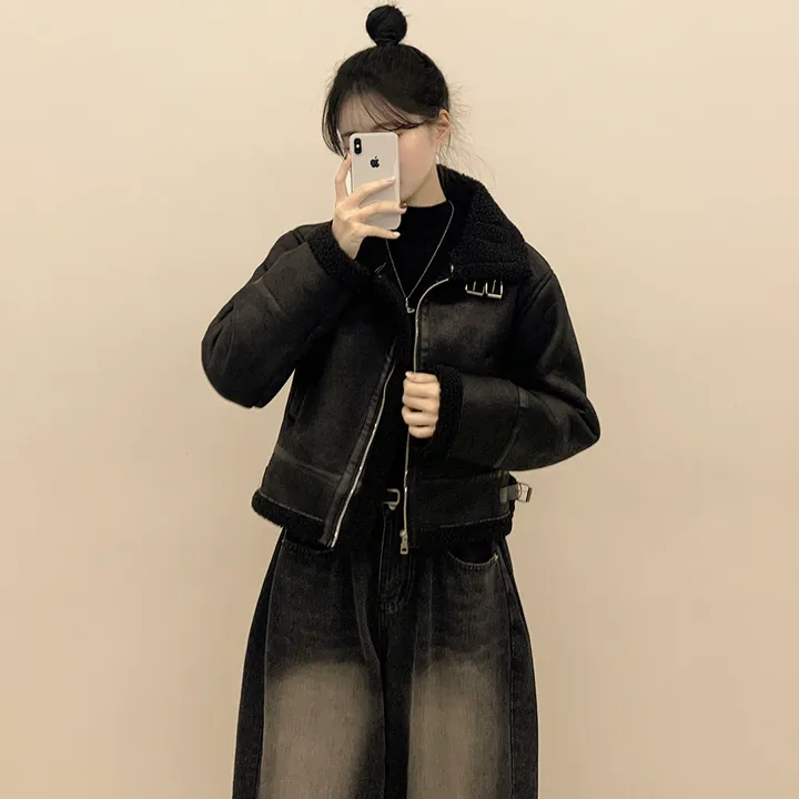 [양털안감/고퀄🤎] 스웨이드 크롭 버클 하이넥무스탕 퍼카라 뽀글이자켓 세무 점퍼 상세 이미지 22