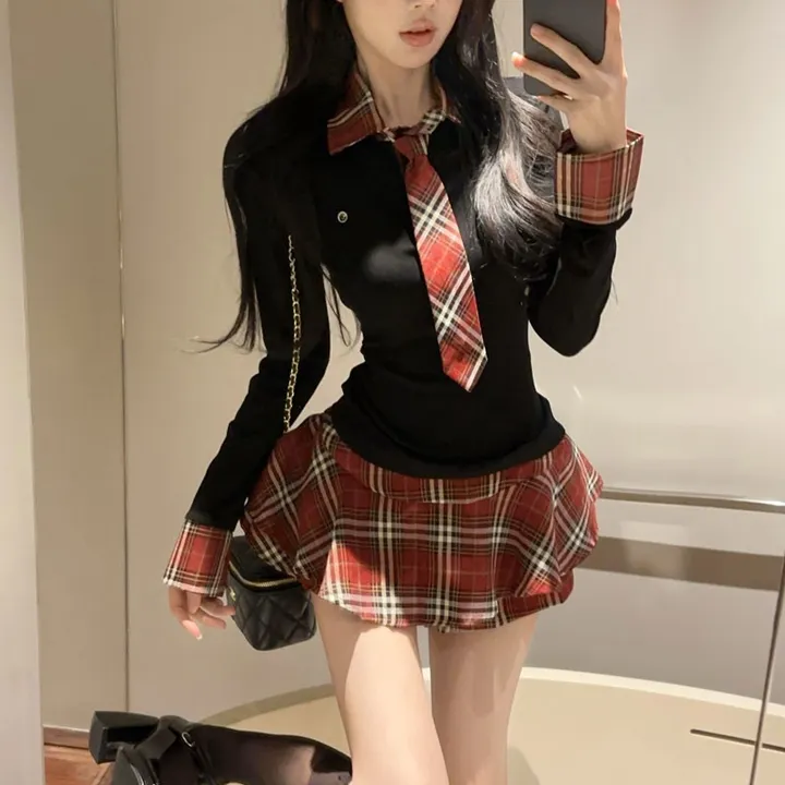 (S~L) 블랙 레드체크 교복 타이 투피스세트 상세 이미지 4