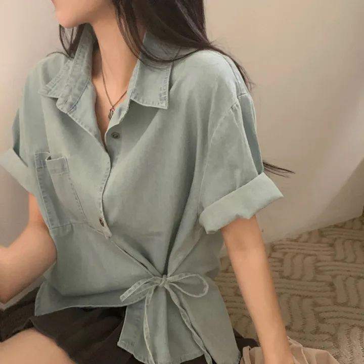 [단독판매🤍/리본포인트!] 데님 사이드 리본 포인트, 루즈핏 카라셔츠 남방 - 2color 상세 이미지 9