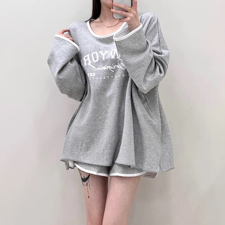 [여름까지/여리루즈핏] 밴티 나염 배색 라인 입술넥 오버핏 긴팔 티셔츠+밴딩 하이웨스트 돌핀 숏팬츠 투피스 트레이닝 세트 3color 상세 이미지 7