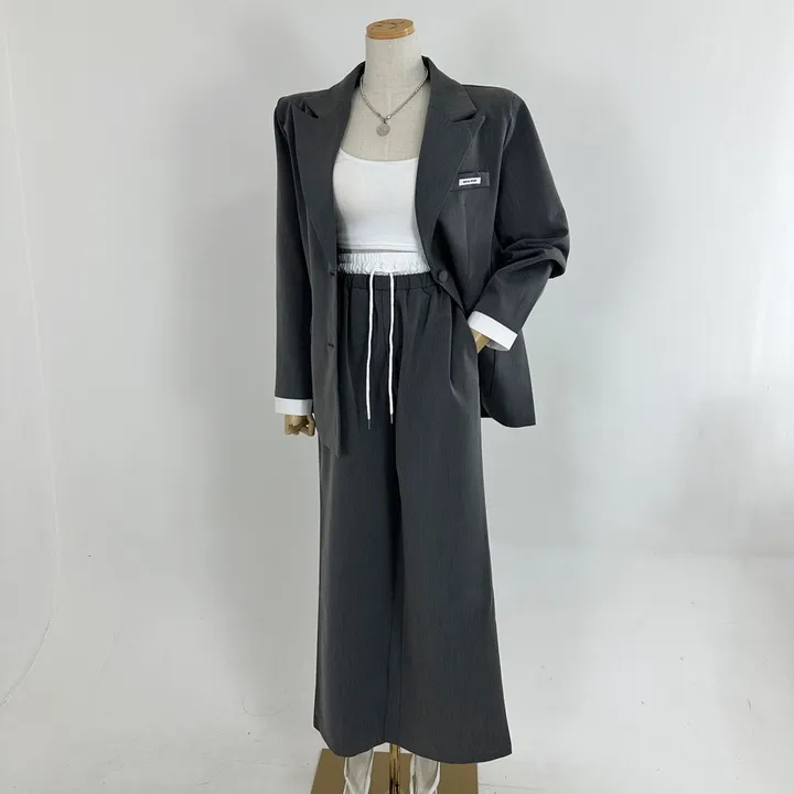 [25SS/*고퀄*/강추코디/하객룩/오피스룩/세트가격💕] 루즈핏 소매 레이어드 배색 미니패치 패드 베이직 자켓 + 하이 배색 밴딩 롱 슬랙스 와이드 팬츠 SET셋업(3COLOR) 상세 이미지 23