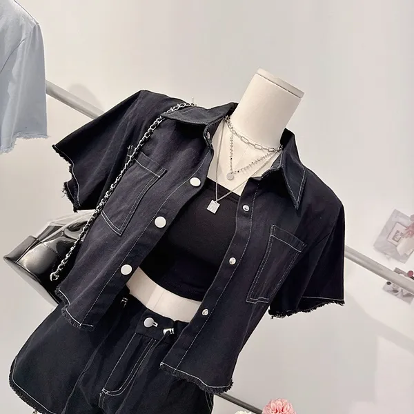*최저가* [세트가격!/하객룩!] 드뷔 스티치 데님자켓 청자켓 데님셔츠 셔츠카라 버튼 포켓 반팔자켓 크롭자켓 스트링 밴딩 하이웨스트 와이드 반바지 숏팬츠 여름투피스 세트 데님세트 상세 이미지 34