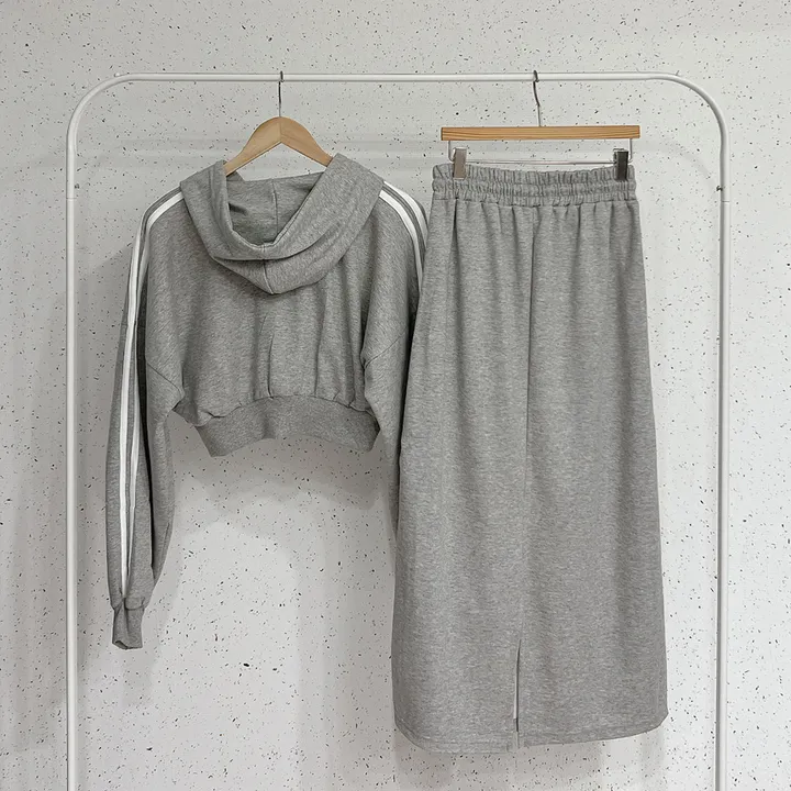 *세트바리* [투웨이지퍼!] 배색 두줄 벌룬 퍼프 크롭 긴팔 후드 집업 + 밴딩 뒷트임 포켓 미디 스커트 투피스 트레이닝 세트 3color 상세 이미지 12