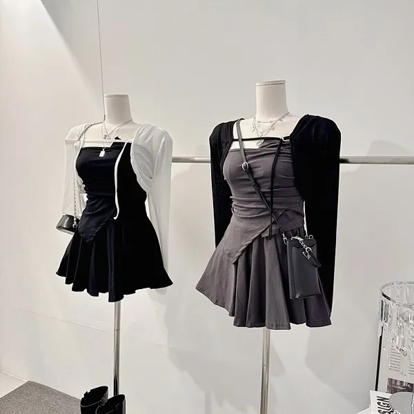 ❤️최저가❤️ *3pc [세트가격!/하이틴!] 펜시 스트랩 셔링나시 언발 사선 튜브탑 크롭나시 긴팔 크롭가디건 니트가디건 볼레로가디건 밴딩 A라인 플레어 미니스커트 여름투피스 세트 상세 이미지 15