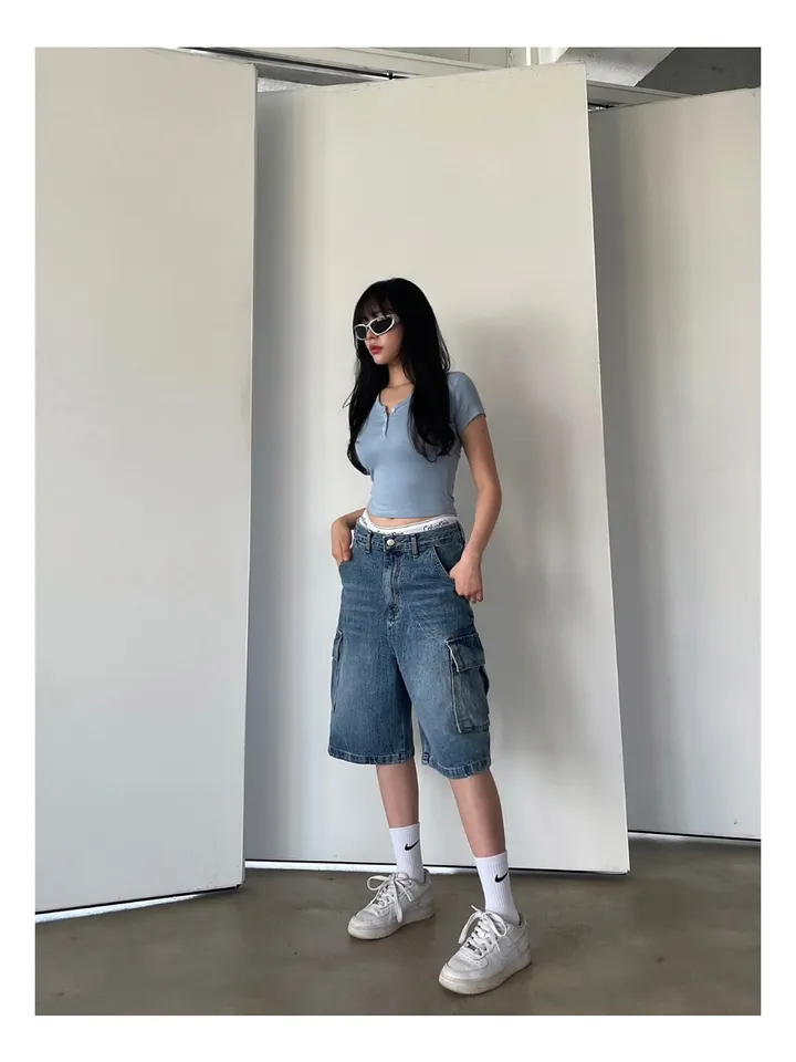 [UNISEX] 카고 데님 청 워싱 버뮤다 반바지 팬츠 (2color) 상세 이미지 17