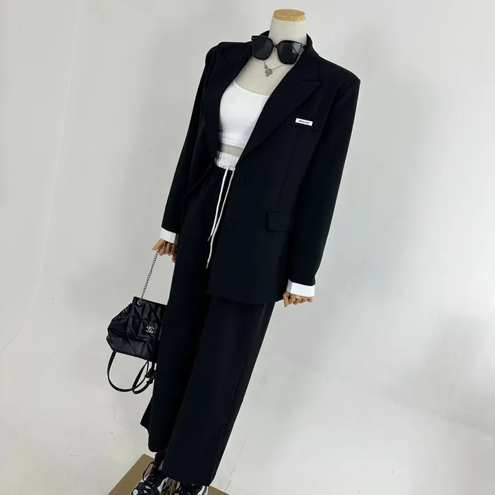 [25SS/*고퀄*/강추코디/하객룩/오피스룩/세트가격💕] 루즈핏 소매 레이어드 배색 미니패치 패드 베이직 자켓 + 하이 배색 밴딩 롱 슬랙스 와이드 팬츠 SET셋업(3COLOR) 상세 이미지 34