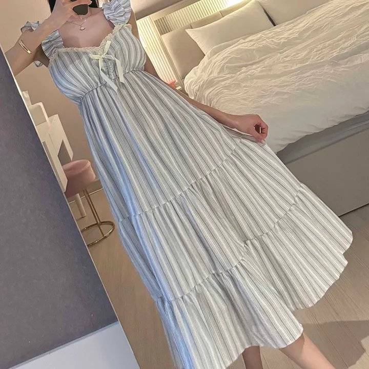 🖤주문폭주🖤 [캡내장] 프릴 스트라이프 민소매 원피스 여름 잠옷 홈웨어 파자마 상세 이미지 12